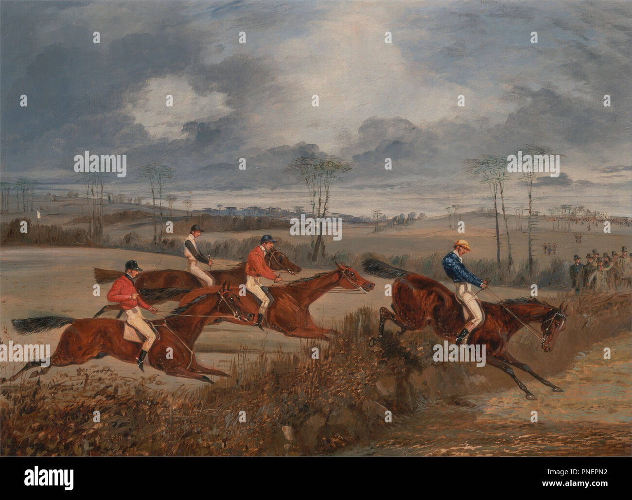 Scenes from a steeplechase: Taking a Hedge. Date/Period: Ca. 1845. Painting. Oil on canvas. Height: 254 mm (10 in); Width: 356 mm (14.01 in). Author: Henry Thomas Alken. Stock Photo