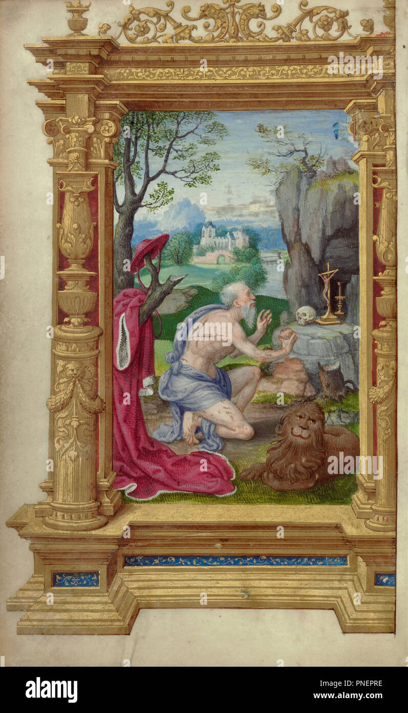 Saint Jerome. Date/Period: 1520/1530. Tempera colors and gold paint on parchment. Width: 10.3 cm. Height: 16.5 cm. Author: Master of the Getty Epistles. Stock Photo