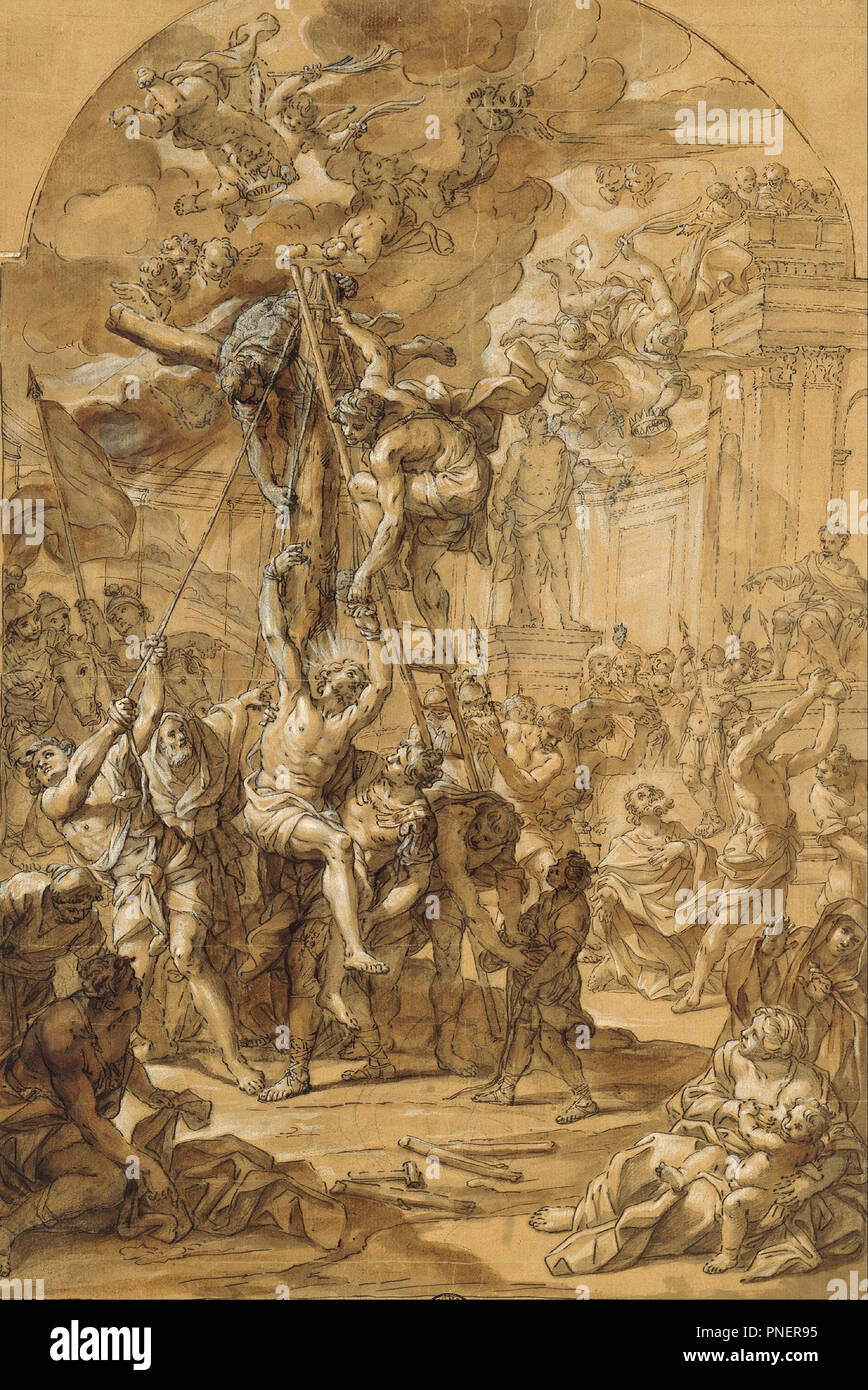 The Martyrdoms of the Apostles Philip and James the Lesser. Date/Period: Before 1704 - 1727. Pen,brown ink, over traces of graphite, light and dark brown wash, heightened with white body-colour. Feder in Braun, über Spuren von Graphitstift, hell- und dunkelbraun laviert, mit Deckweiß gehöht, auf braunem Papier. Height: 537 mm (21.14 in); Width: 366 mm (14.40 in). Author: GIOVANNI ODAZZI. Stock Photo