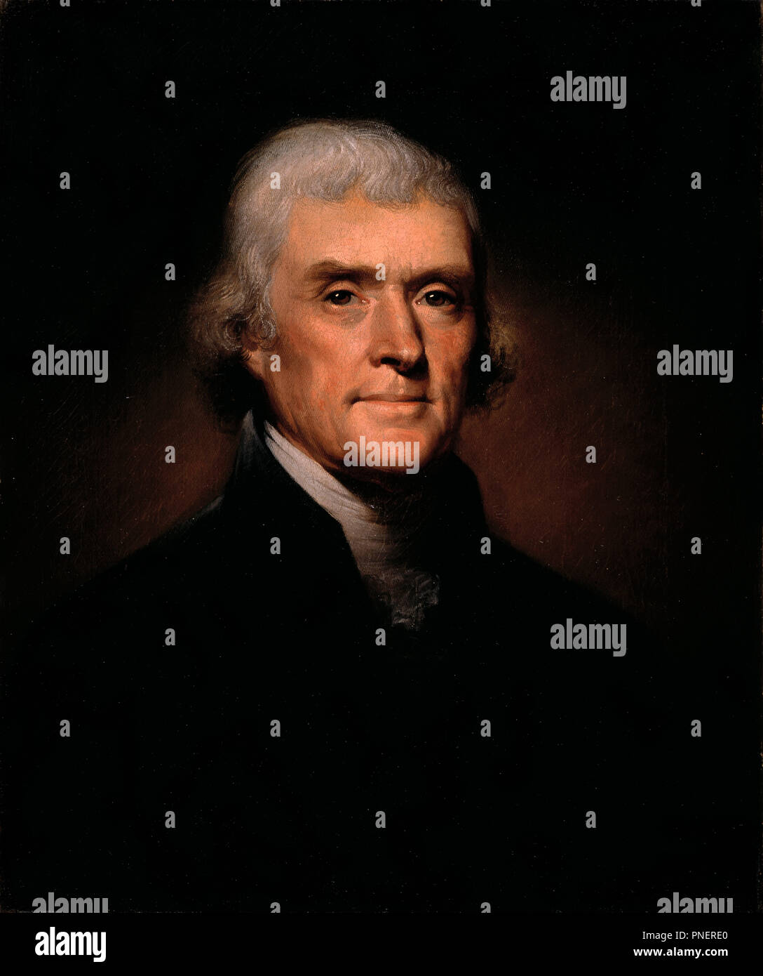 Thomas Jefferson. Date/Period: 1800. Painting. Oil on canvas Oil on canvas. Height: 587.50 mm (23.13 in); Width: 488.95 mm (19.25 in). Author: REMBRANDT PEALE. Stock Photo