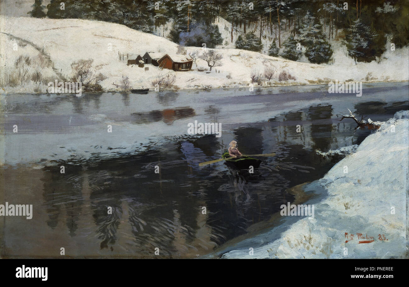 Winter at the River Simoa. Date/Period: 1883. Painting. Olje på lerret. Width: 78.5 cm. Height: 49.5 cm. Author: FRITS THAULOW. Thaulov, Fritz. Stock Photo