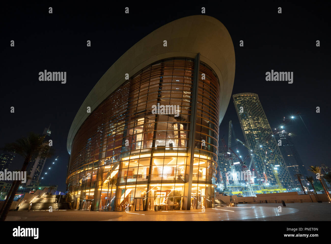 Exterior view of new Dubai Opera House in Downtown Dubai, UAE, United Arab Emirates. Stock Photo