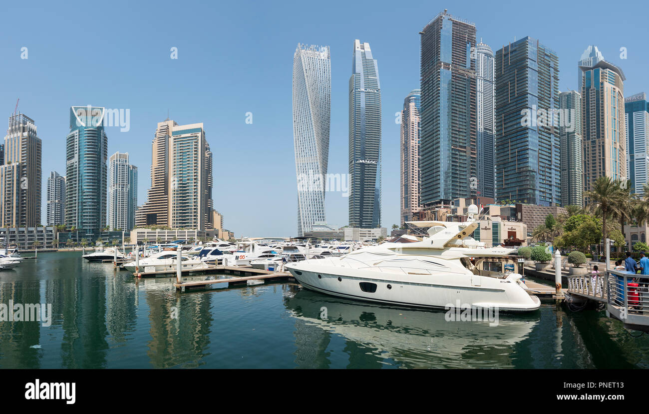 Many high rise apartment towers and skyscrapers in Marina district of Dubai, UAE, United Arab Emirates. Stock Photo