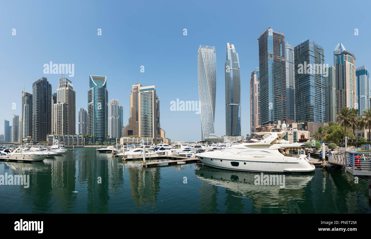 Many high rise apartment towers and skyscrapers in Marina district of Dubai, UAE, United Arab Emirates. Stock Photo