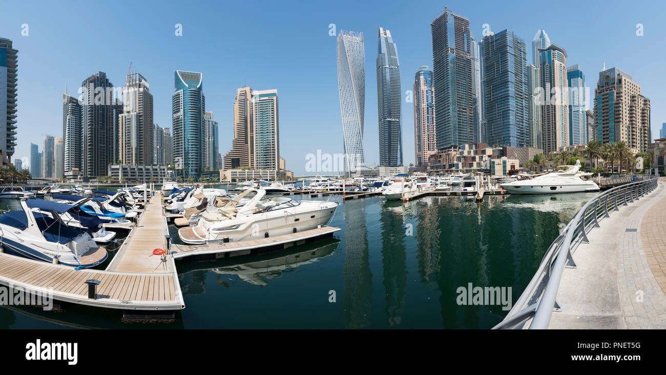 Many high rise apartment towers and skyscrapers in Marina district of Dubai, UAE, United Arab Emirates. Stock Photo
