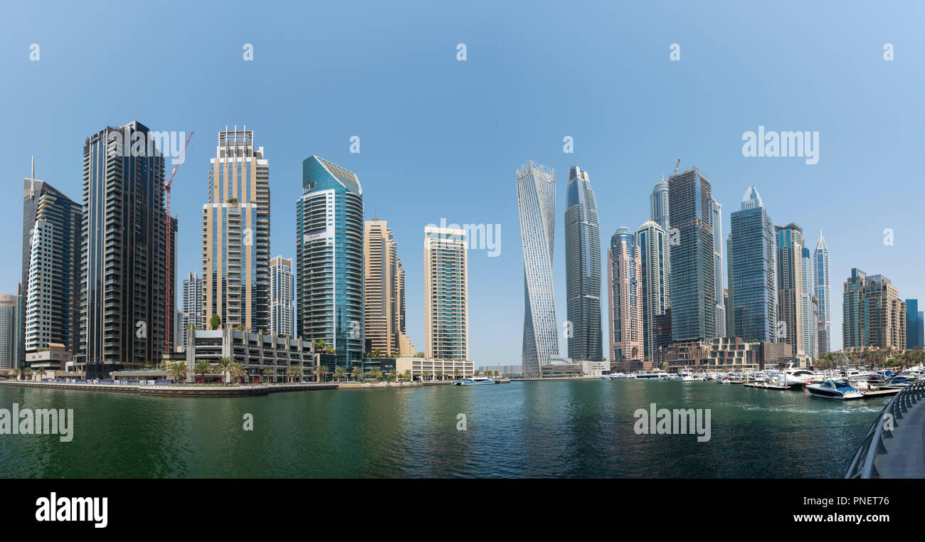 Many high rise apartment towers and skyscrapers in Marina district of Dubai, UAE, United Arab Emirates. Stock Photo