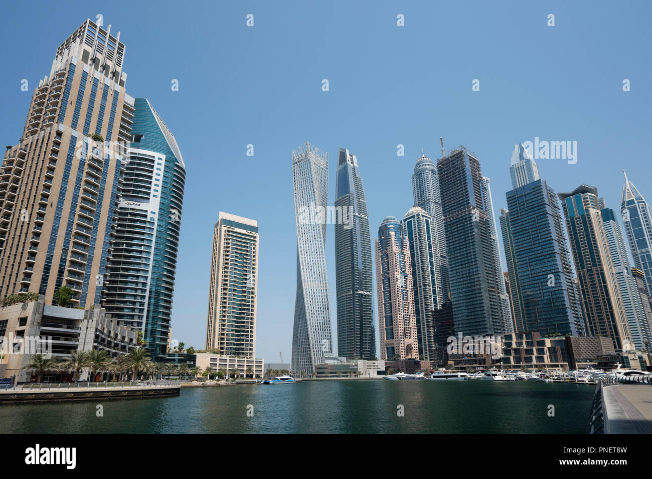 Many high rise apartment towers and skyscrapers in Marina district of Dubai, UAE, United Arab Emirates. Stock Photo