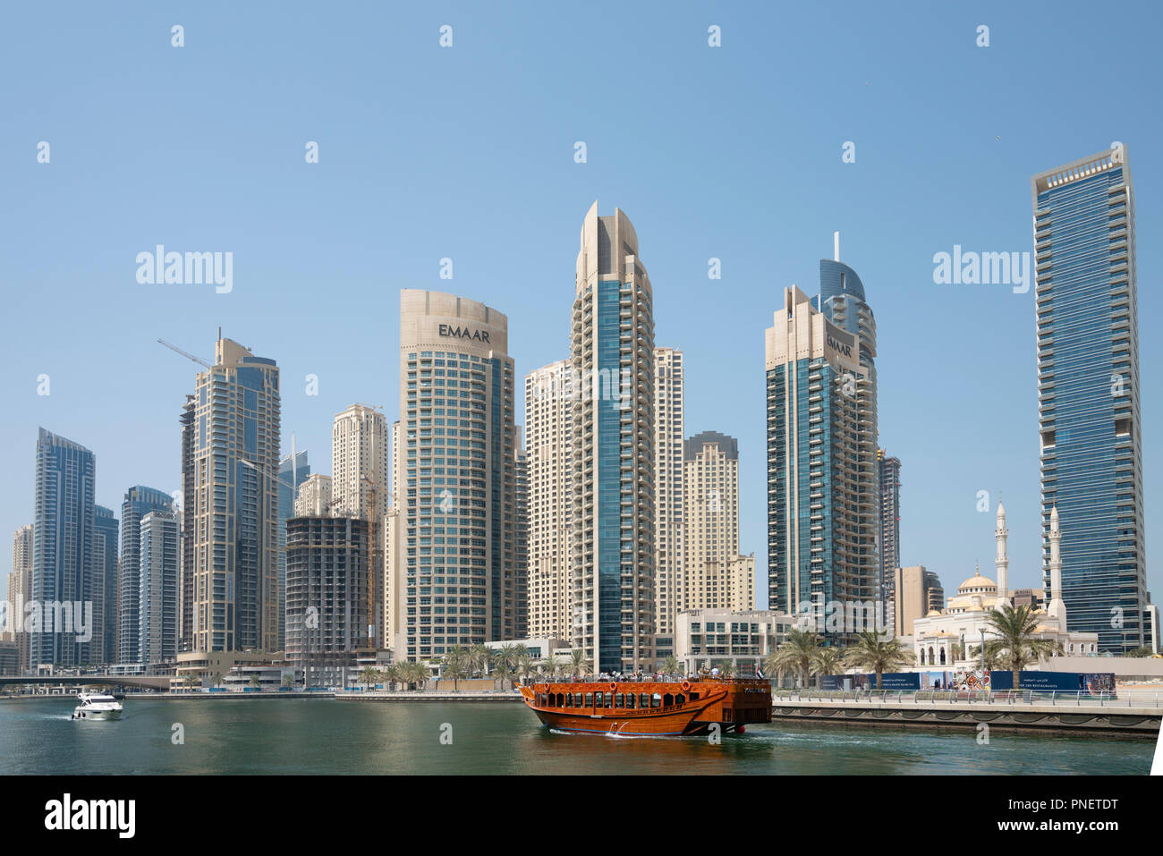 Many high rise apartment towers and skyscrapers in Marina district of Dubai, UAE, United Arab Emirates. Stock Photo