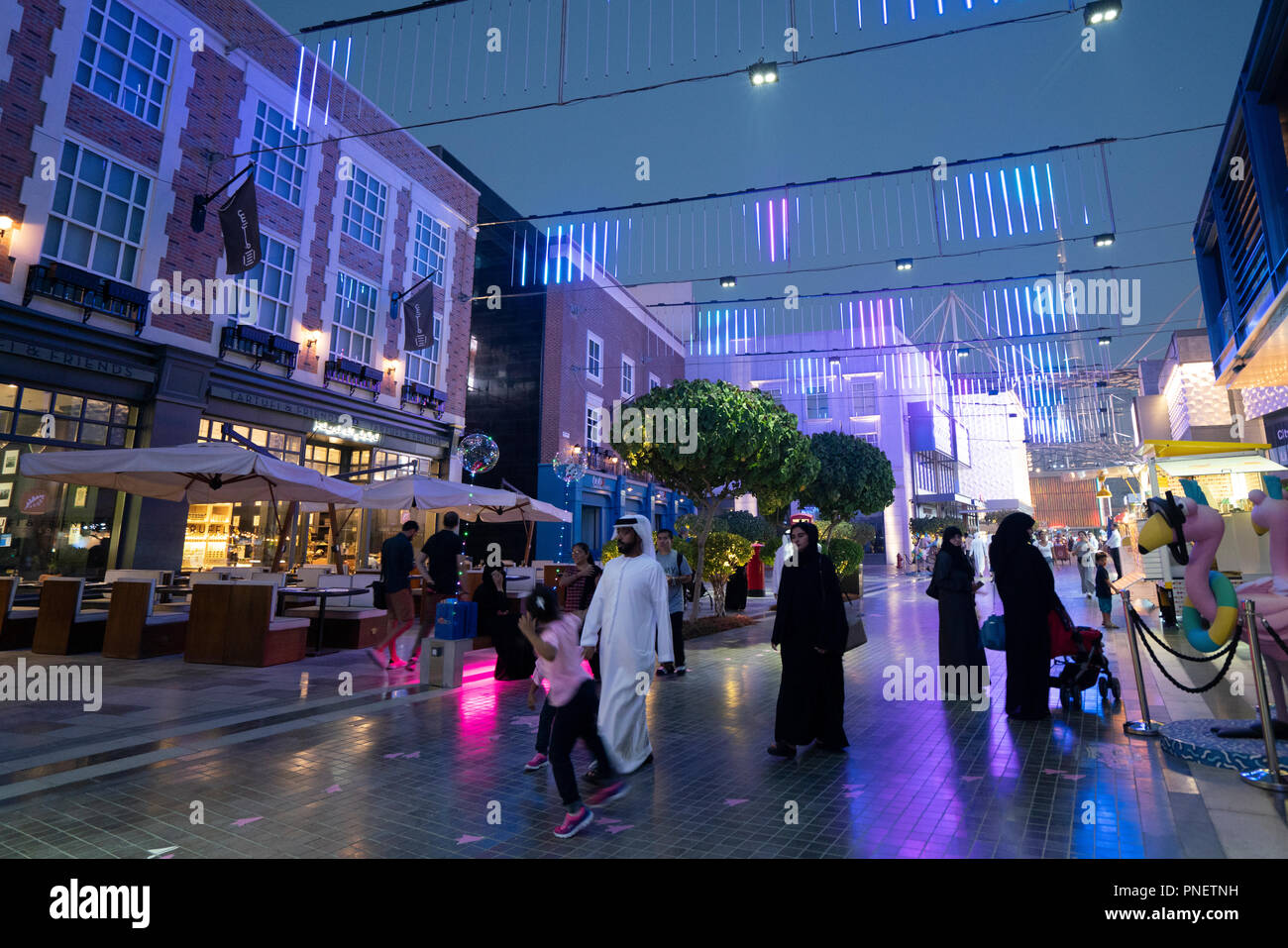 Night at the new modern City Walk shopping district in Dubai, United Arab Emirates. Stock Photo