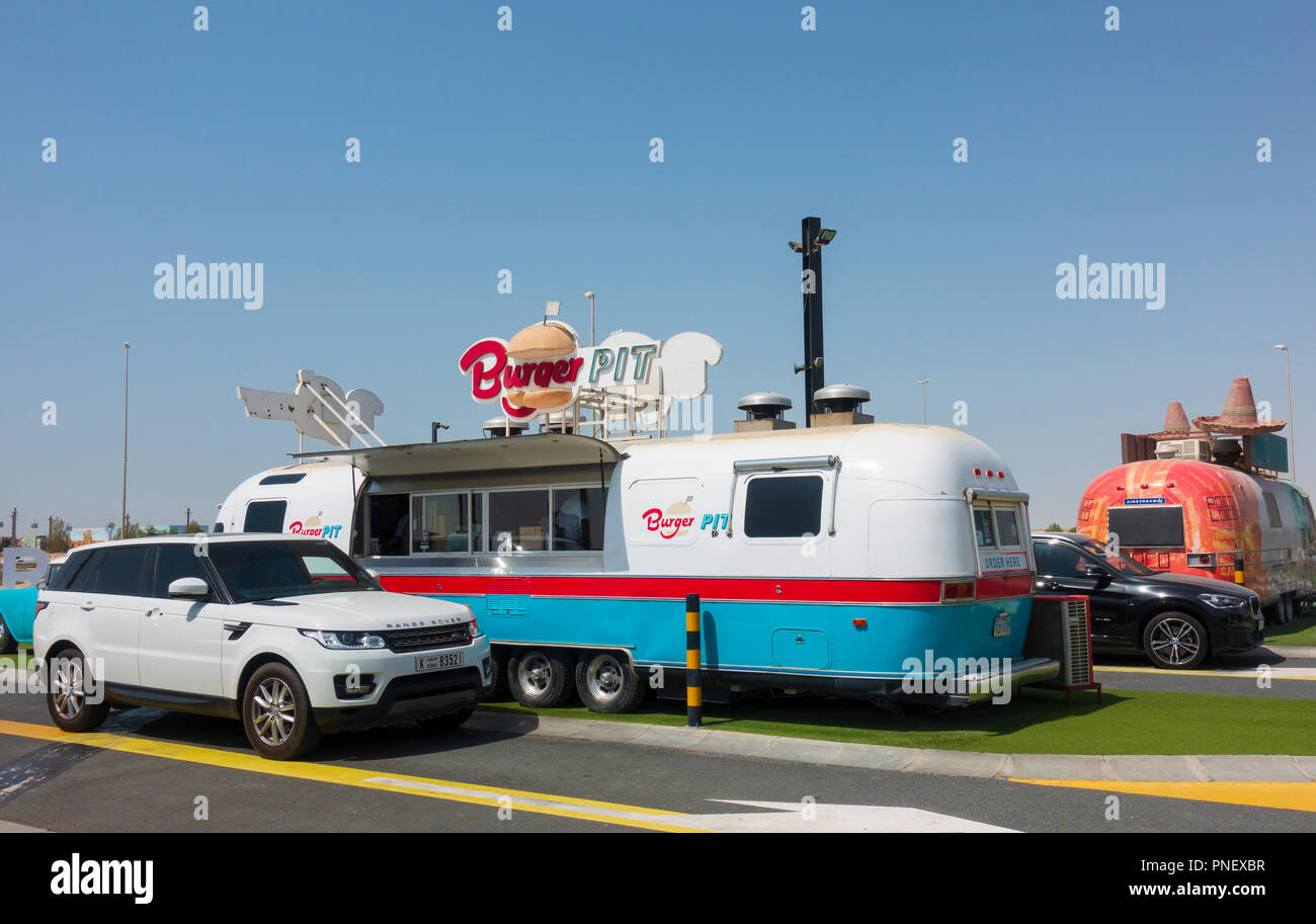 View of Last Exit an American themed drive-thru fast food highway service stop on E11 expressway between Abu Dhabi and Dubai, UAE, United Arab Emirate Stock Photo