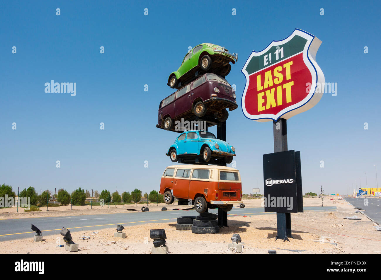 View of Last Exit an American themed drive-thru fast food highway service stop on E11 expressway between Abu Dhabi and Dubai, UAE, United Arab Emirate Stock Photo