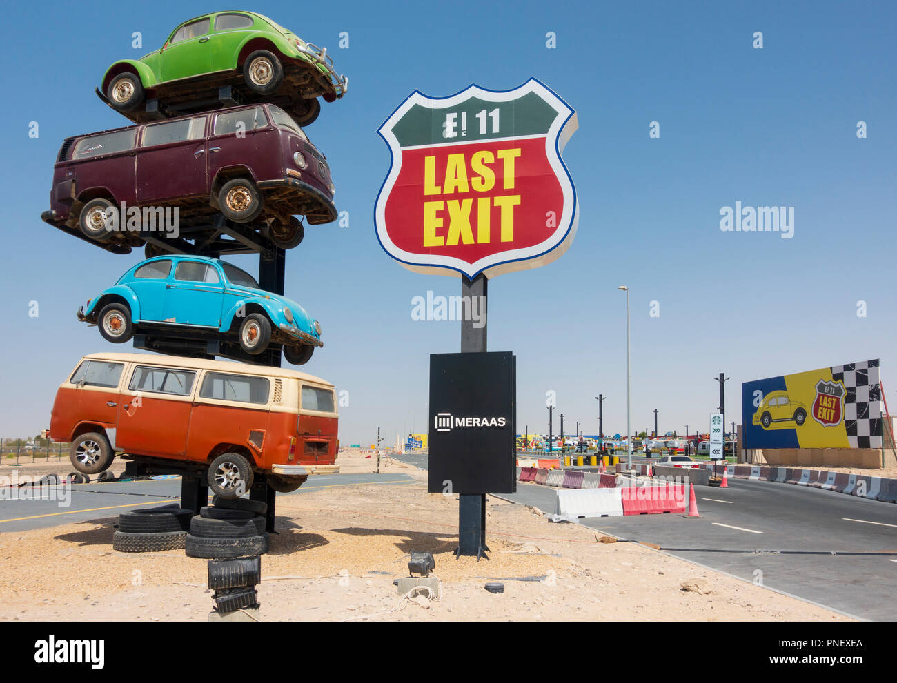 View of Last Exit an American themed drive-thru fast food highway service stop on E11 expressway between Abu Dhabi and Dubai, UAE, United Arab Emirate Stock Photo