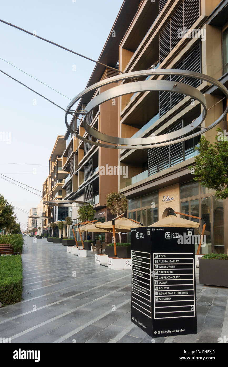 New apartment buildings and street at  City Walk shopping district in Dubai, UAE Stock Photo