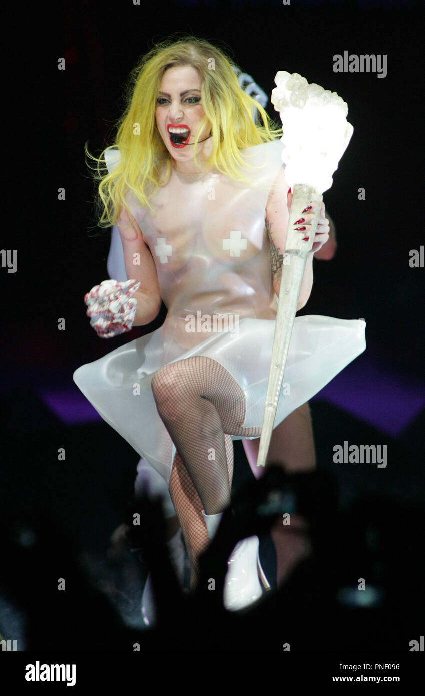 Lady Gaga performs in concert during her Monster Ball tour at the American Airlines Arena in Miami on April 13, 2011. Stock Photo