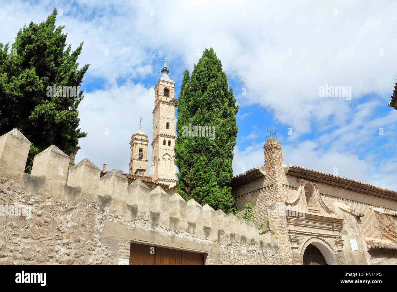 The bell tower of the Holy Mary Collegiate ( Colegiata de Santa Maria), seen from the Calle Goya street in Borja, a small Aragonese town in Spain Stock Photo
