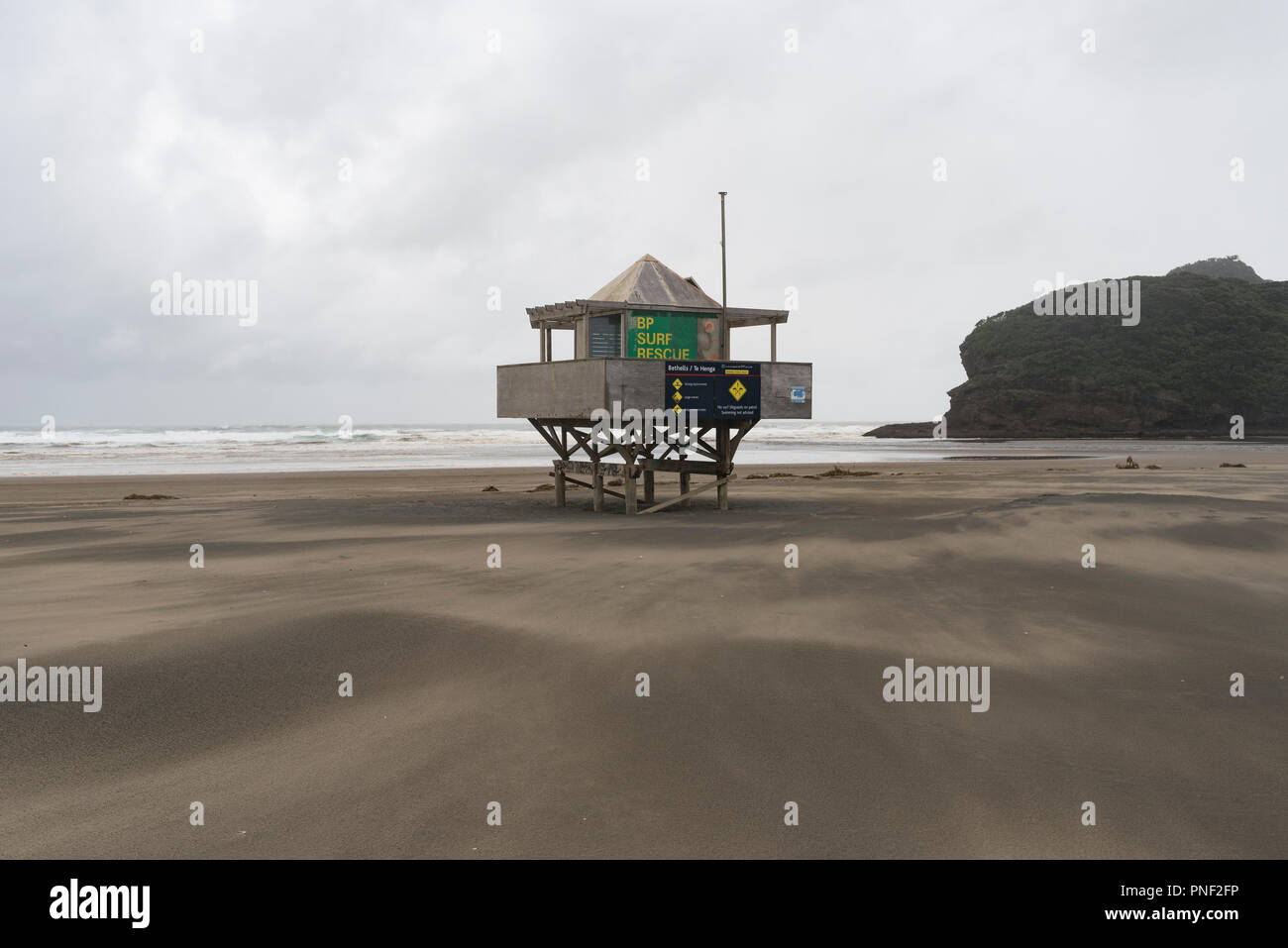 Auckland, New Zealand. Surf lifesaving tower at West Coast beach Stock