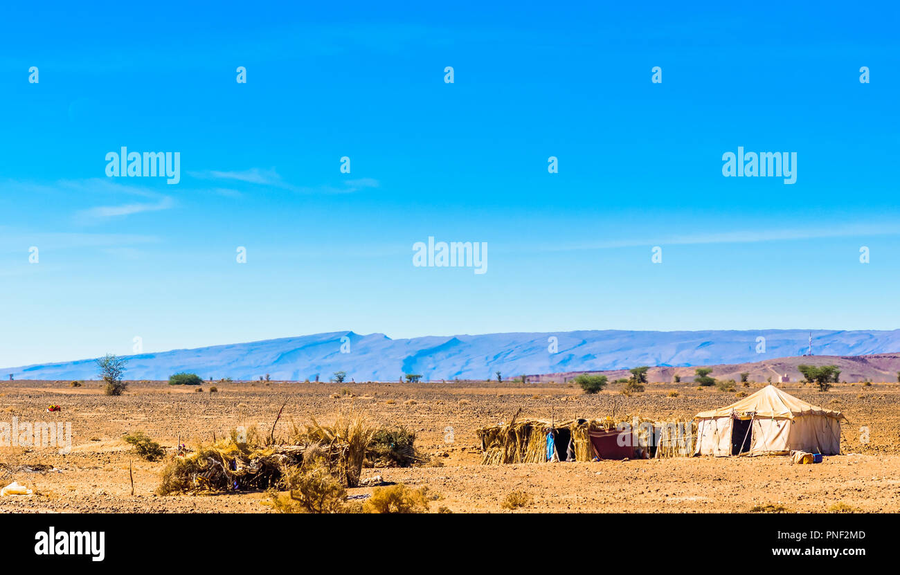 View on Bedouin tent in the Sahara desert of Morocco next to M'hamid Stock Photo