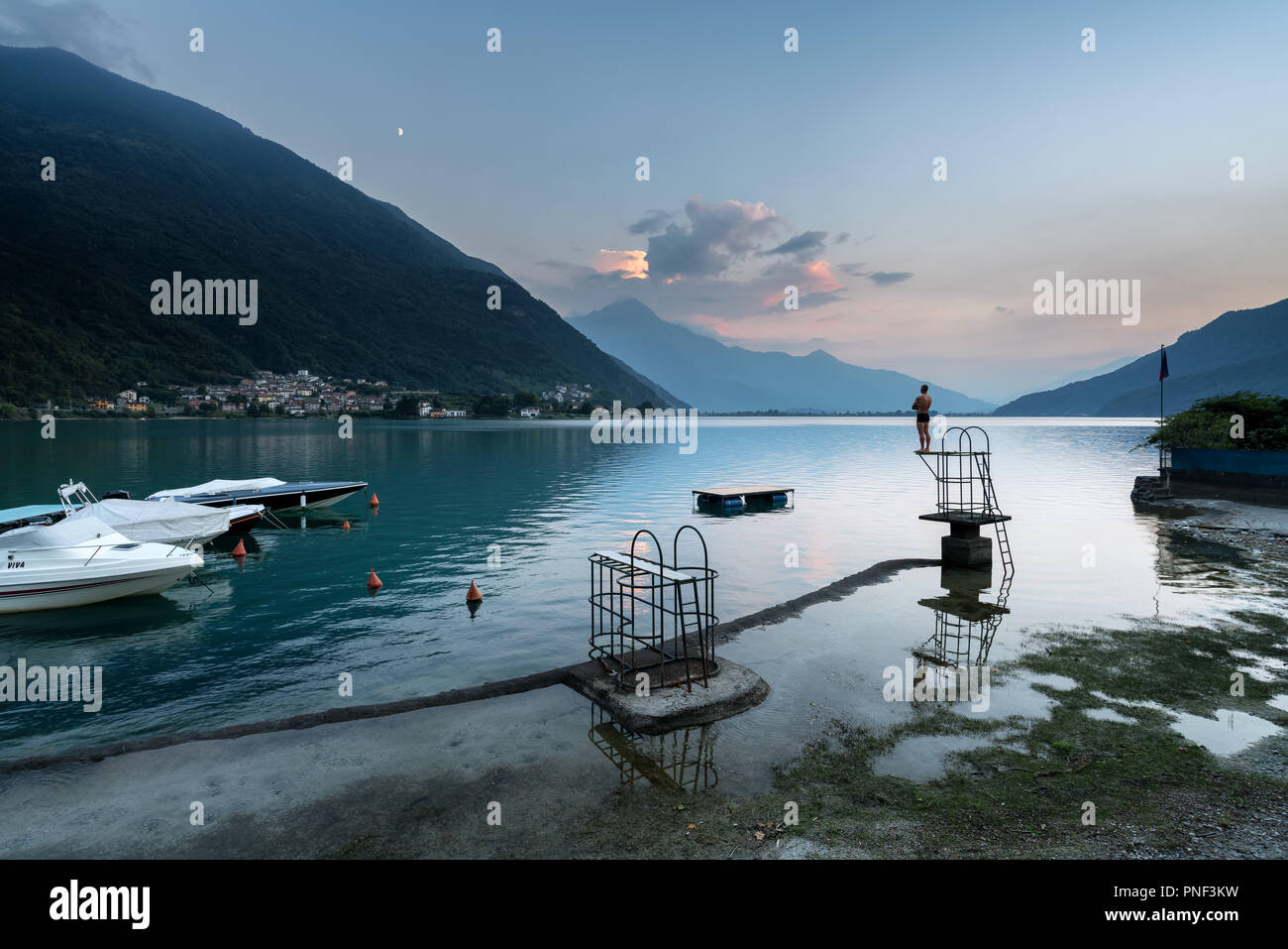 Dusk at Lago di Mezzola, Italy, Europe, EU Stock Photo
