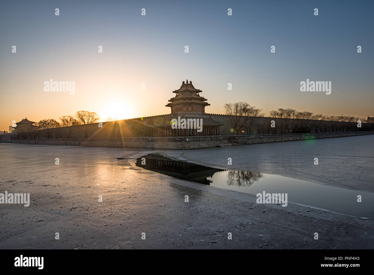 The morning in the watch tower of Forbidden City in winter Stock Photo ...