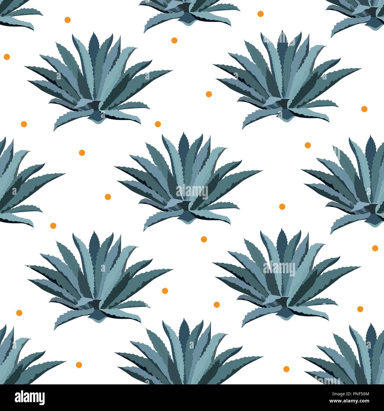 Blue agave vector seamless pattern. Background for tequila packs, superfood with agave syrop, textile, and other. Succulent, cactus wallpapers. Stock Vector