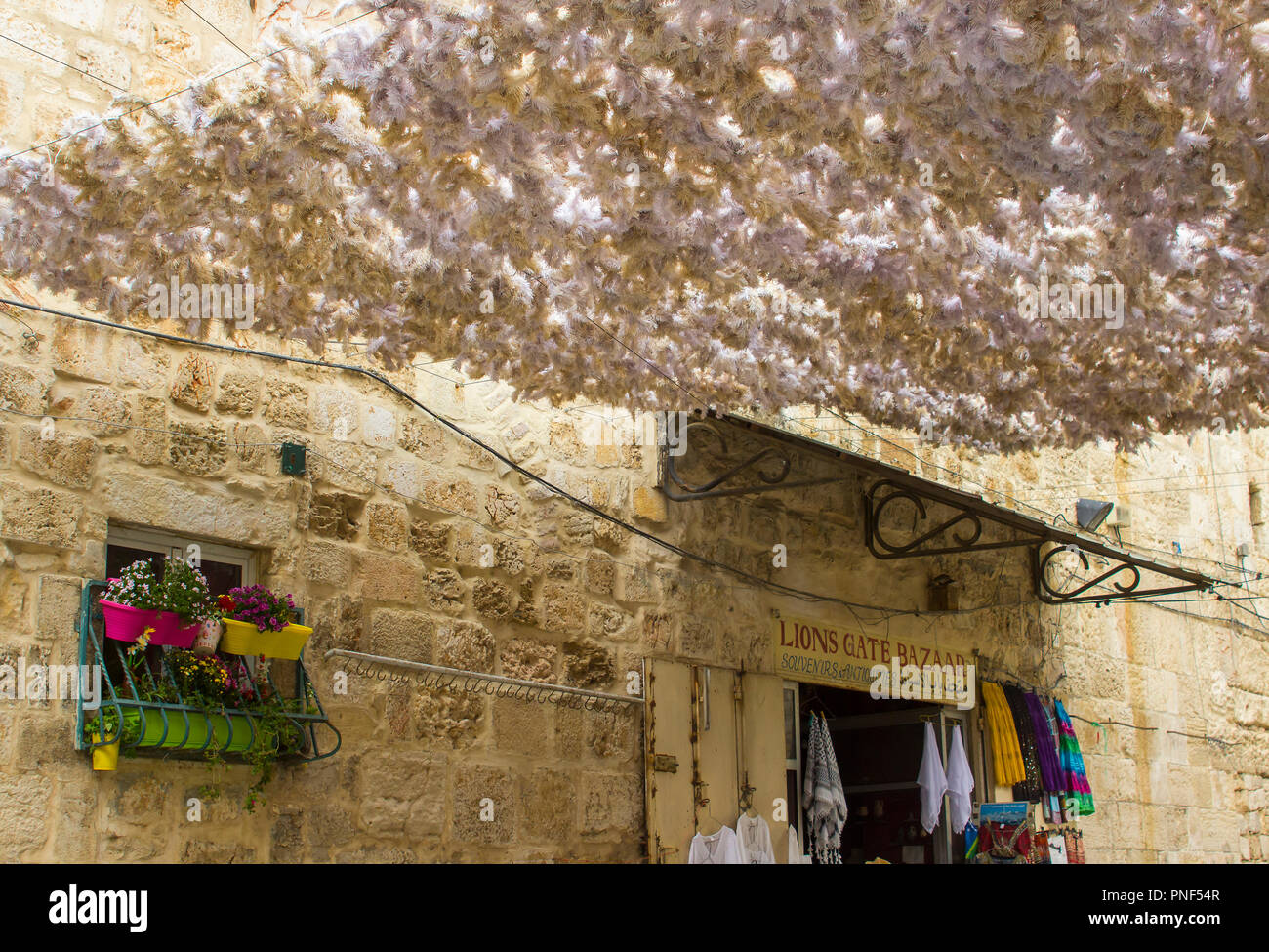 10 May 2018 A small shop doorway under a large feathery sun canopy suspended across the street in the old city Lions Gate Street Jerusalem, Israel. Stock Photo