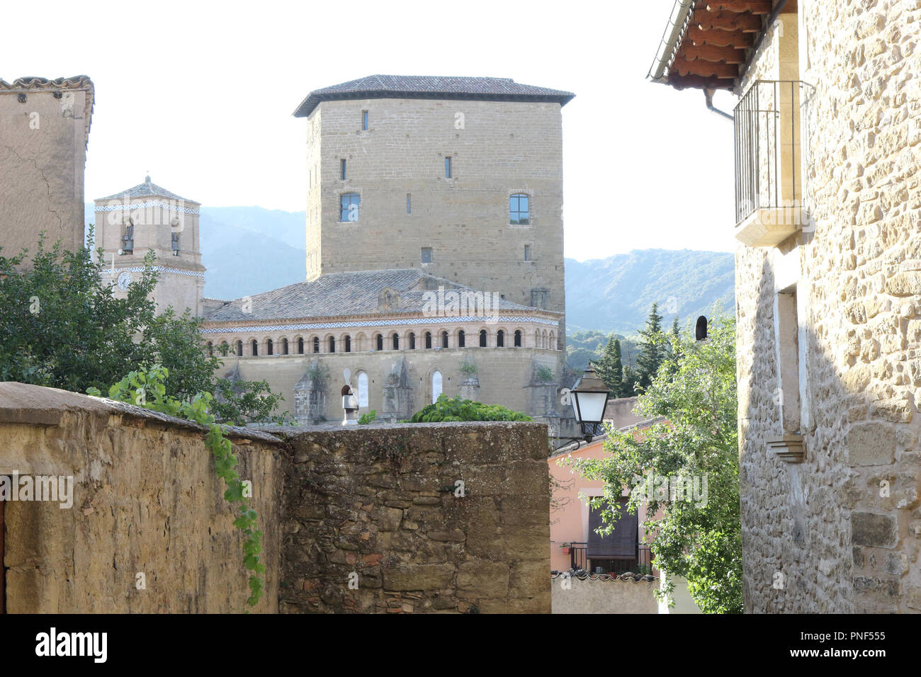 A panorama of the reinforced Saint Martin Church (Iglesia de San Martin) which served also as a fortress in the small rural town of Biel, Spain Stock Photo