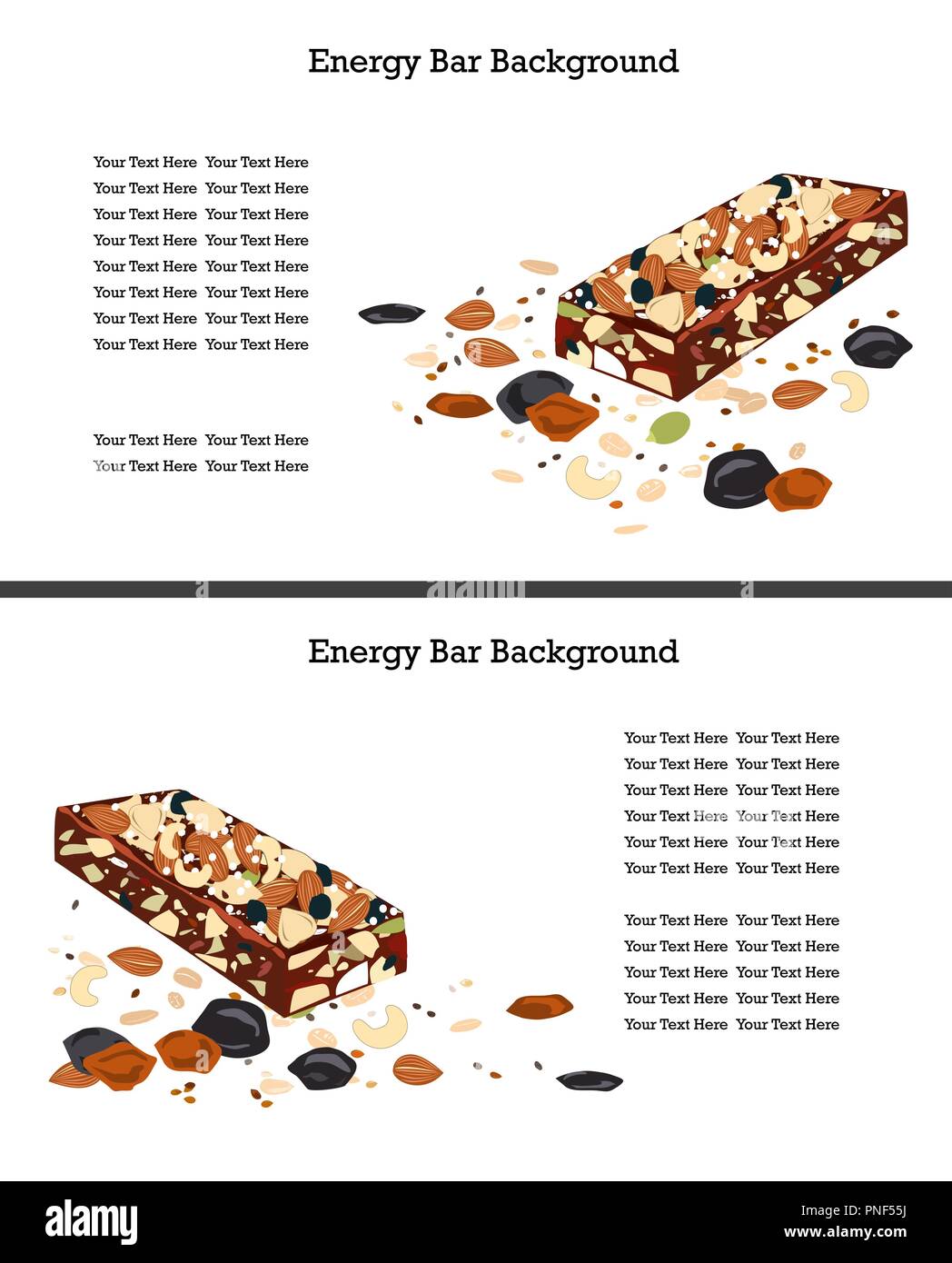 Healthy crunchy granola bar and some dried fruits and nuts on the white background. Text space. Vector illustration. Two variants Stock Vector