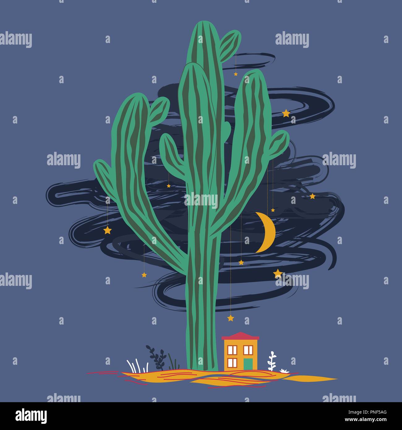 Cute illustration with high saguaro, liitle house, and stars and moon hanging on the cactus. Mexican fairy landscape, print for cards, new year, or te Stock Vector