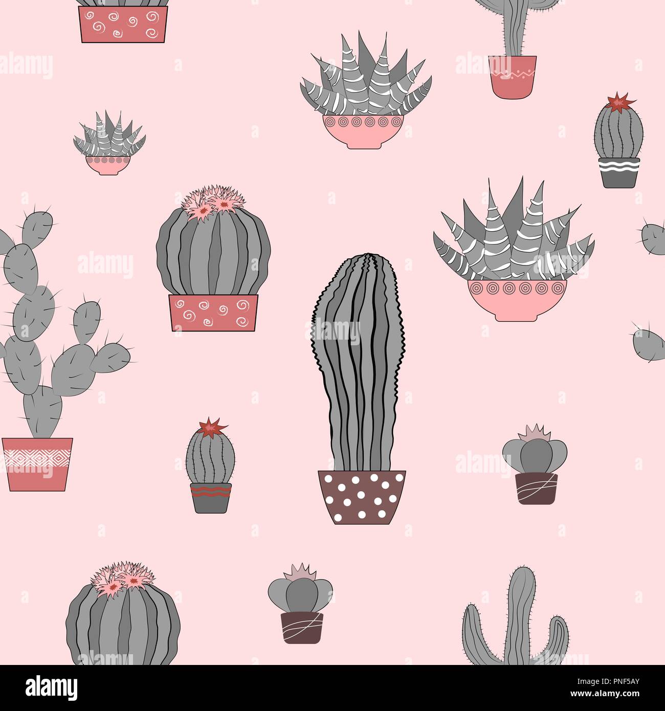 Doodle textured cactuses. Seamless pattern. Vector illustration, grey and pink palette Stock Vector