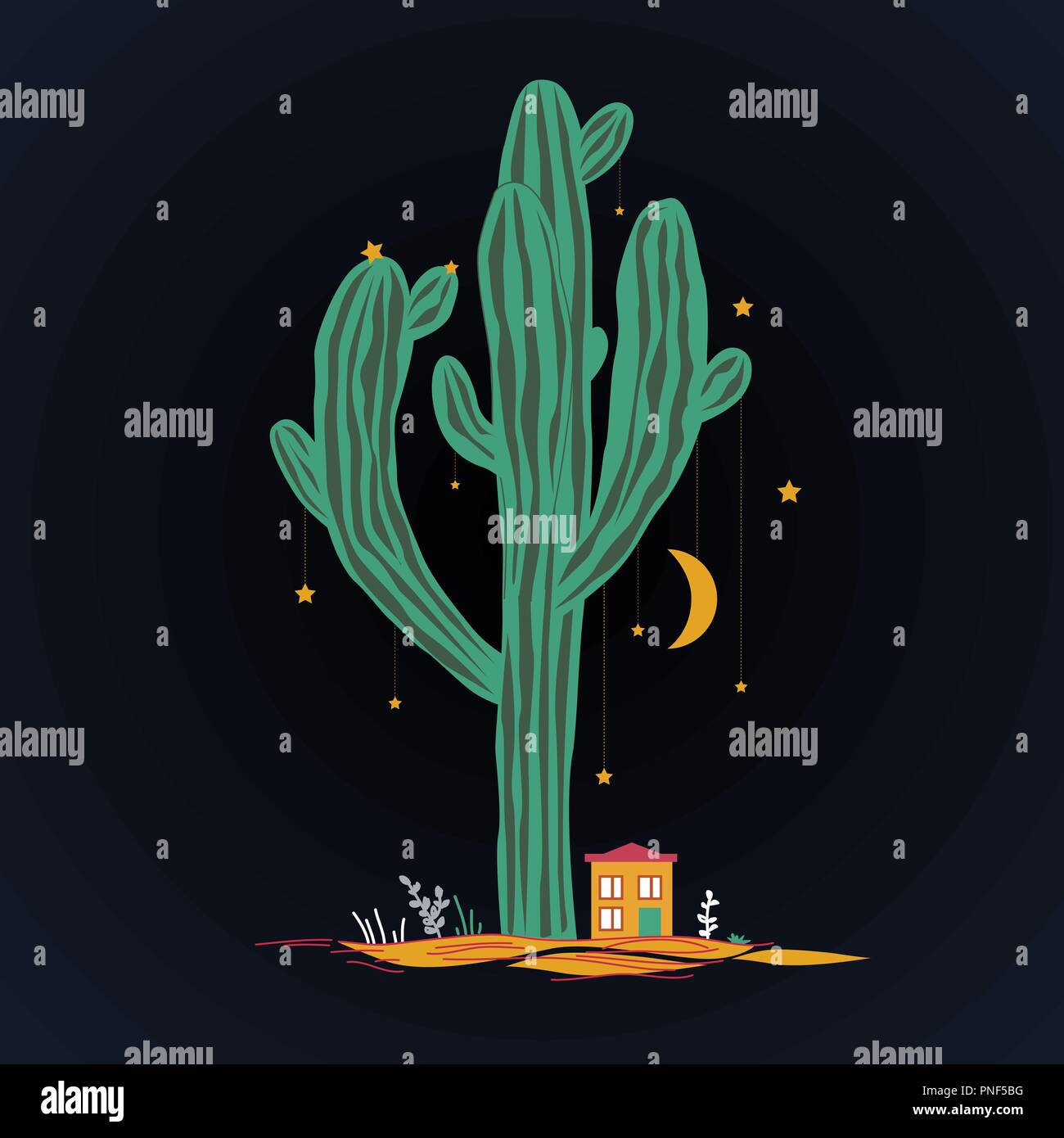 Cute illustration with high saguaro, liitle house, and stars and moon hanging on the cactus. Mexican fairy landscape, print for cards, new year, or te Stock Vector