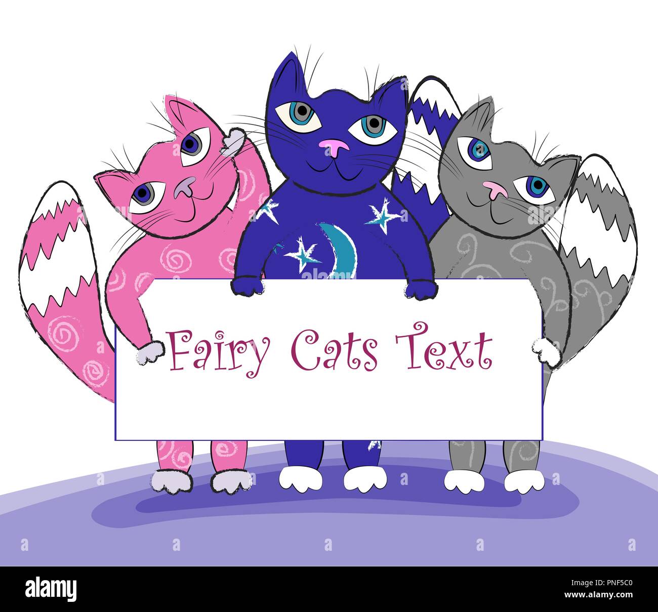 Three cartoon fairy cats holding a frame in their paws -- isolated on white background. Vector illustration Stock Vector