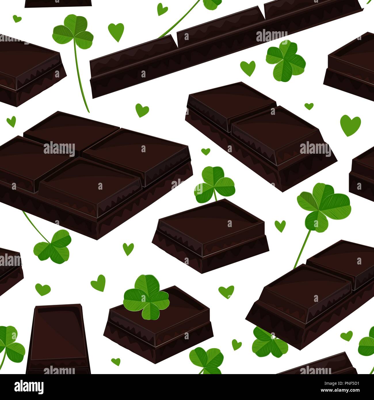 Stylish seamless St. Patrick's day background with clover leaves and chocolate bars. Vector illustration Stock Vector