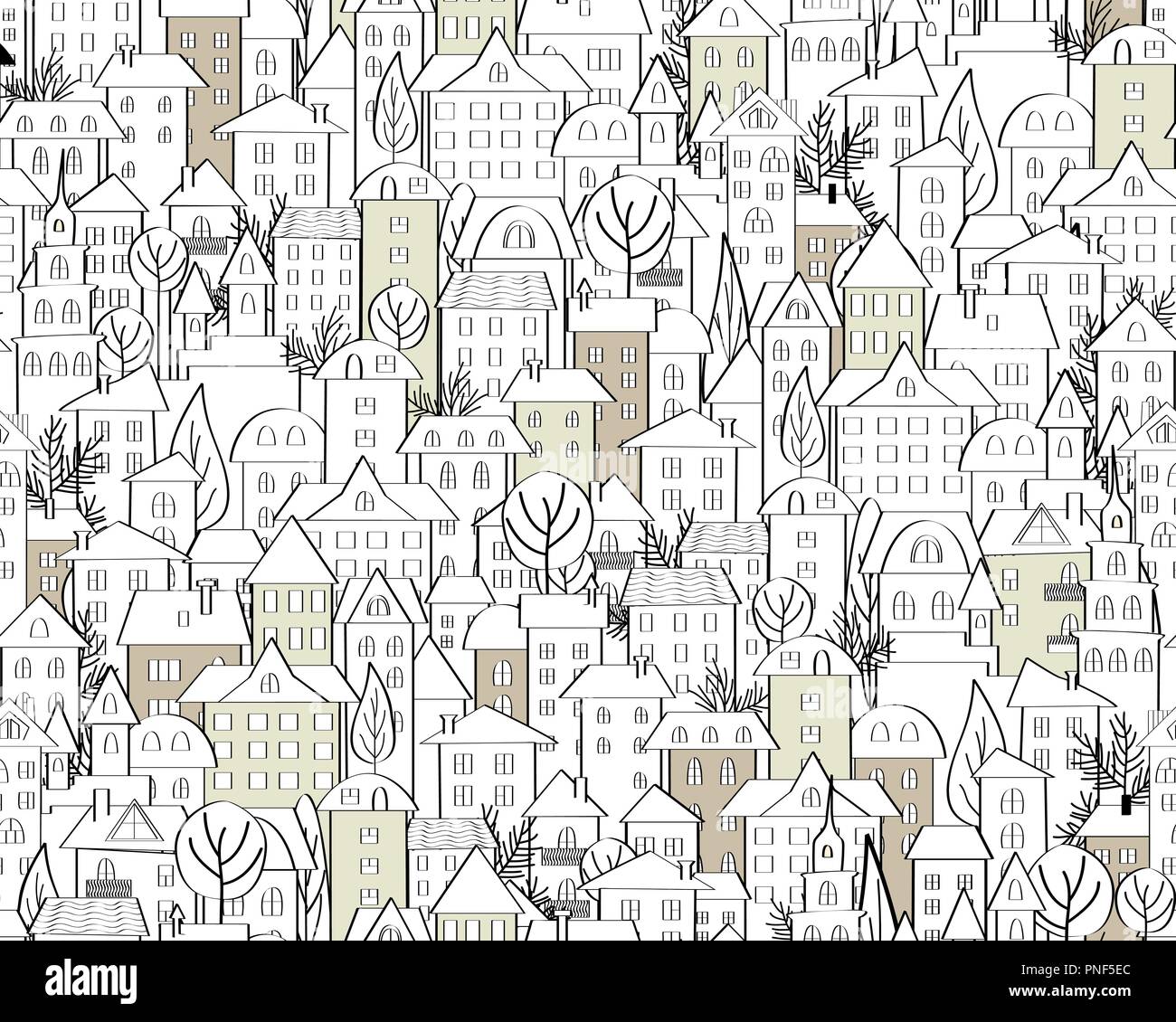 Pattern with hand drawn doodle houses. Illustration with cute town roofs and trees. Line drawing. Seamless background in black and white. Vector Stock Vector