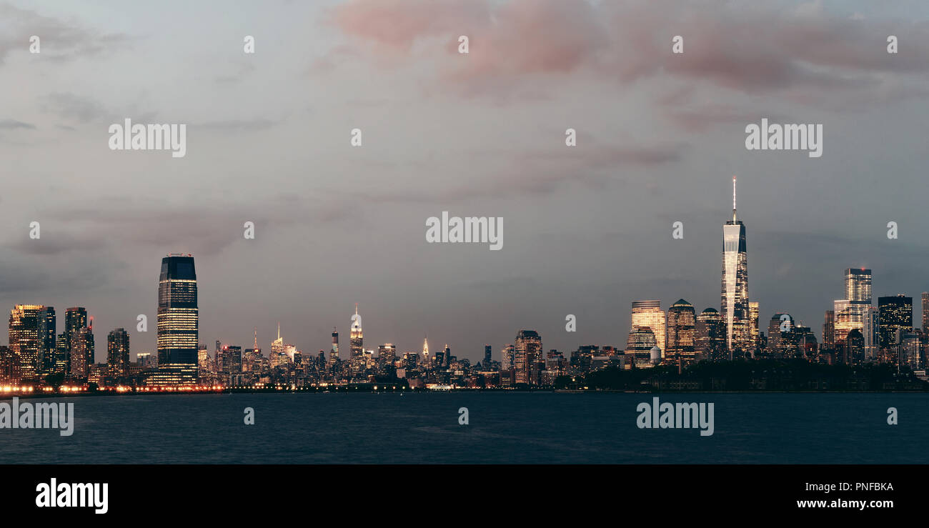 New York City downtown skyline panorama at dusk Stock Photo - Alamy