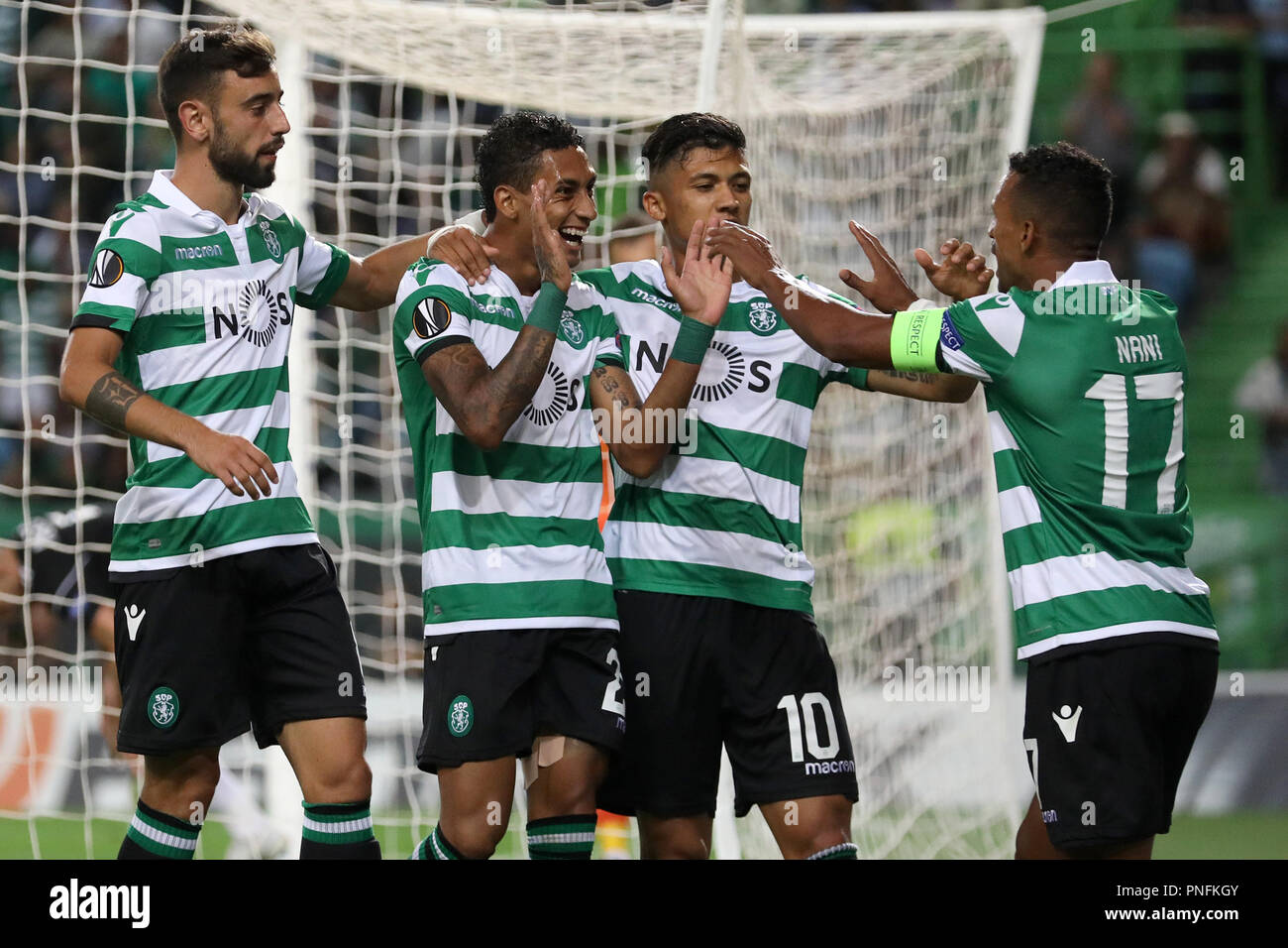 Lisbon, Portugal. 20th Sep, 2018. Raphael Dias Belloli known as Raphinha of Sporting CP celebrates his goal with Bruno Fernandes of Sporting CP, Fredy Montero of Sporting CP and Nani of of Sporting CP during UEFA Europa League 2018/19 football match between Sporting CP vs Karaba? FC. Credit: David Martins/SOPA Images/ZUMA Wire/Alamy Live News Stock Photo