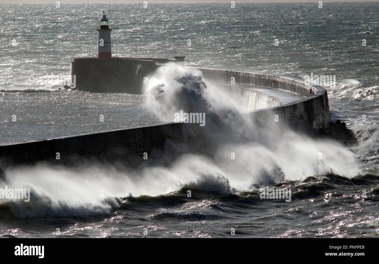 Newhaven, East Sussex, UK. 2st September 2018. Strong winds from Storm Bronagh hitting Newhaven breakwater as a ferry leaves for Dieppe, France. © Peter Cripps/Alamy Live News Stock Photo