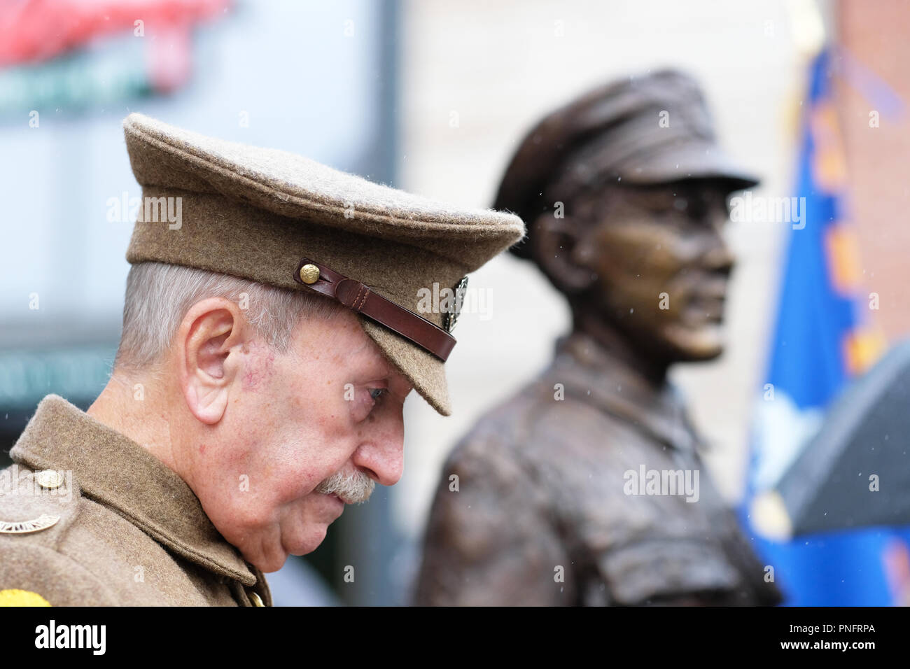 Hereford, Herefordshire, UK - Friday 21st September 2018 - Guard of Honour for the statue of Lance Corporal Allan Leonard Lewis VC unveiled today in Hereford - L/Cpl Allan Lewis VC was awarded the Victoria Cross posthumously ( aged 23 years ) for his 'most conspicuous bravery' during the Battle of Epehy in Northern France along the Hidenburg Line  - he was killed in action exactly 100 years to the day on 21st September 1918 and is the only soldier born in Herefordshire to win the VC . Photo Steven May / Alamy Live News Stock Photo