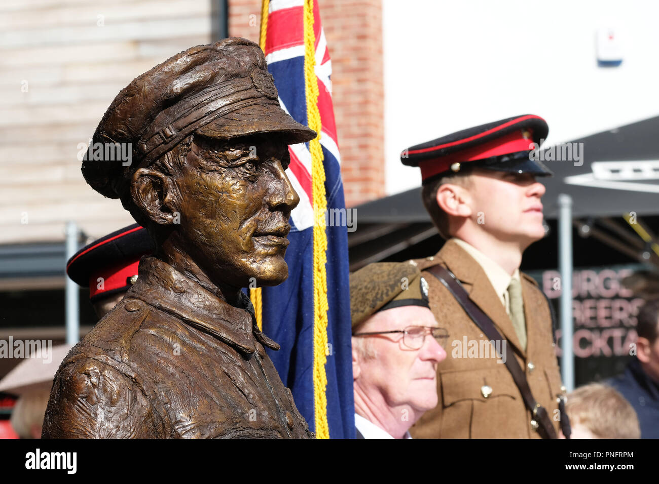 Hereford, Herefordshire, UK - Friday 21st September 2018 - New statue of Lance Corporal Allan Leonard Lewis VC unveiled today in Hereford - L/Cpl Allan Lewis VC was awarded the Victoria Cross posthumously ( aged 23 years ) for his 'most conspicuous bravery' during the Battle of Epehy in Northern France along the Hidenburg Line  - he was killed in action exactly 100 years to the day on 21st September 1918 and is the only soldier born in Herefordshire to win the VC . Photo Steven May / Alamy Live News Stock Photo