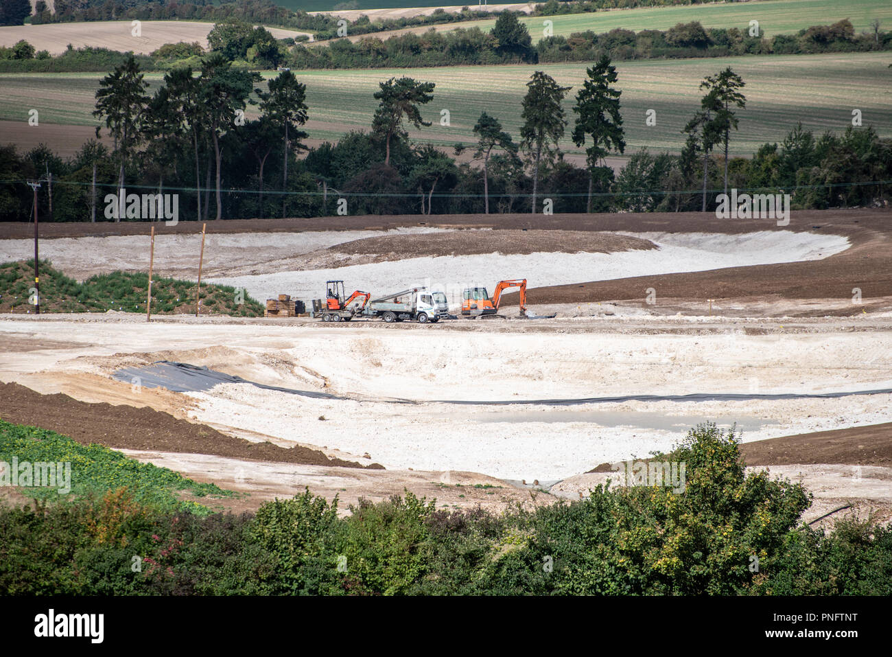 Wield Wood Estate, Upper Wield, Hampshire, Britain. 21 September, 2018. Extensive landscaping at Wield Wood Estate, renamed Wield Park, in Hampshire, Britain, to create a new multi-million-pound country estate. Works include two artificial lakes (complete with giant pond liners) bisected by a sweeping drive leading to a new mansion and a shooting lodge. All surrounded by woods and newly laid-out parkland. Paul Markillie/Alamy Live News Stock Photo