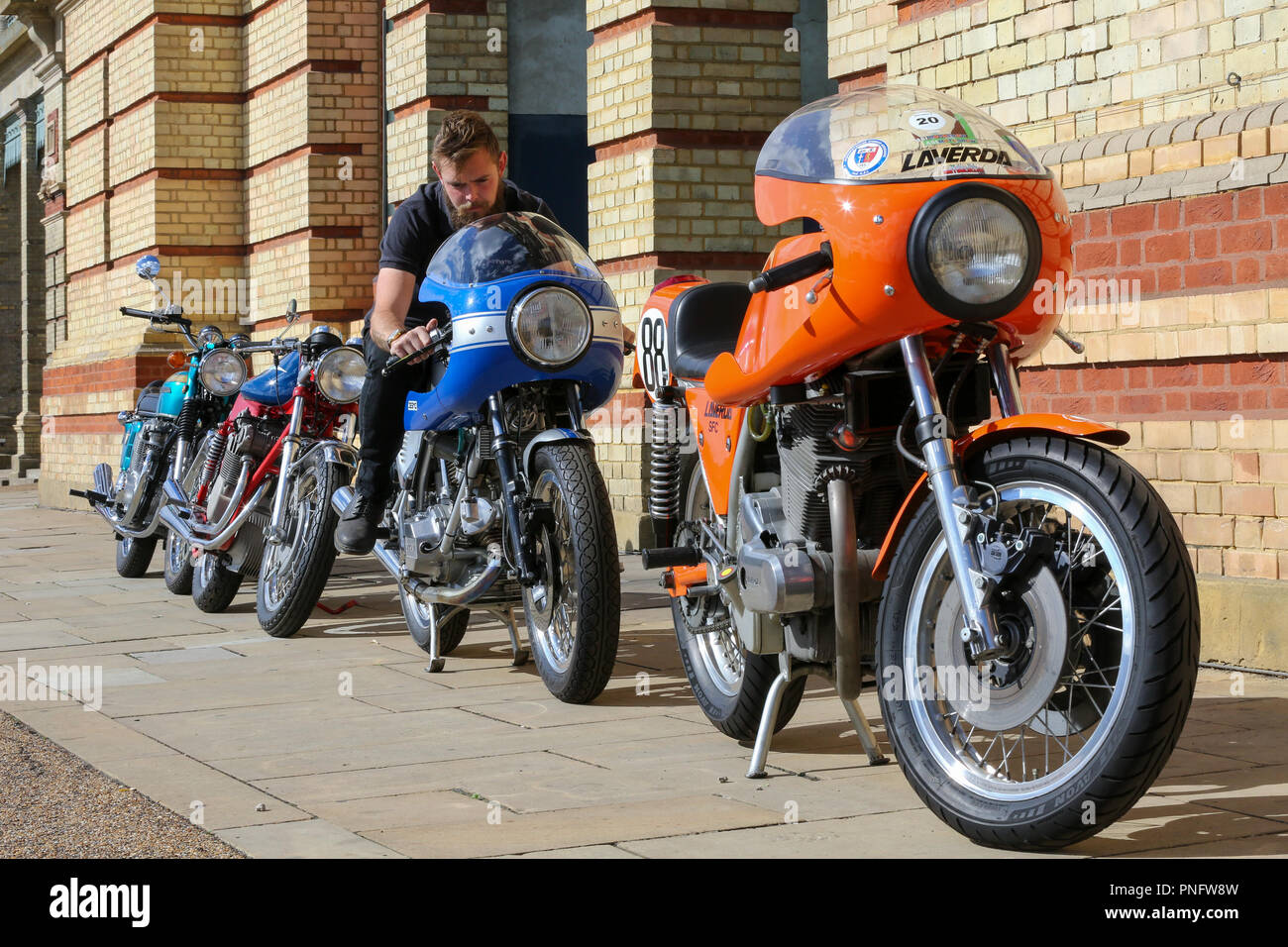 Alexandra Palace. North London. UK 21 Sept 2018 - 1975 Laverda 750FC Elettronica (est £24,000 to £28,000) and 1976 Ducati 864CC 900 SS (est £25,000 to £35,000) at display at Alexandra Palace. Holy Grail motorcycles from a single collection on display at the Bonhams Alexandra Palace auction.   Credit: Dinendra Haria/Alamy Live News Stock Photo
