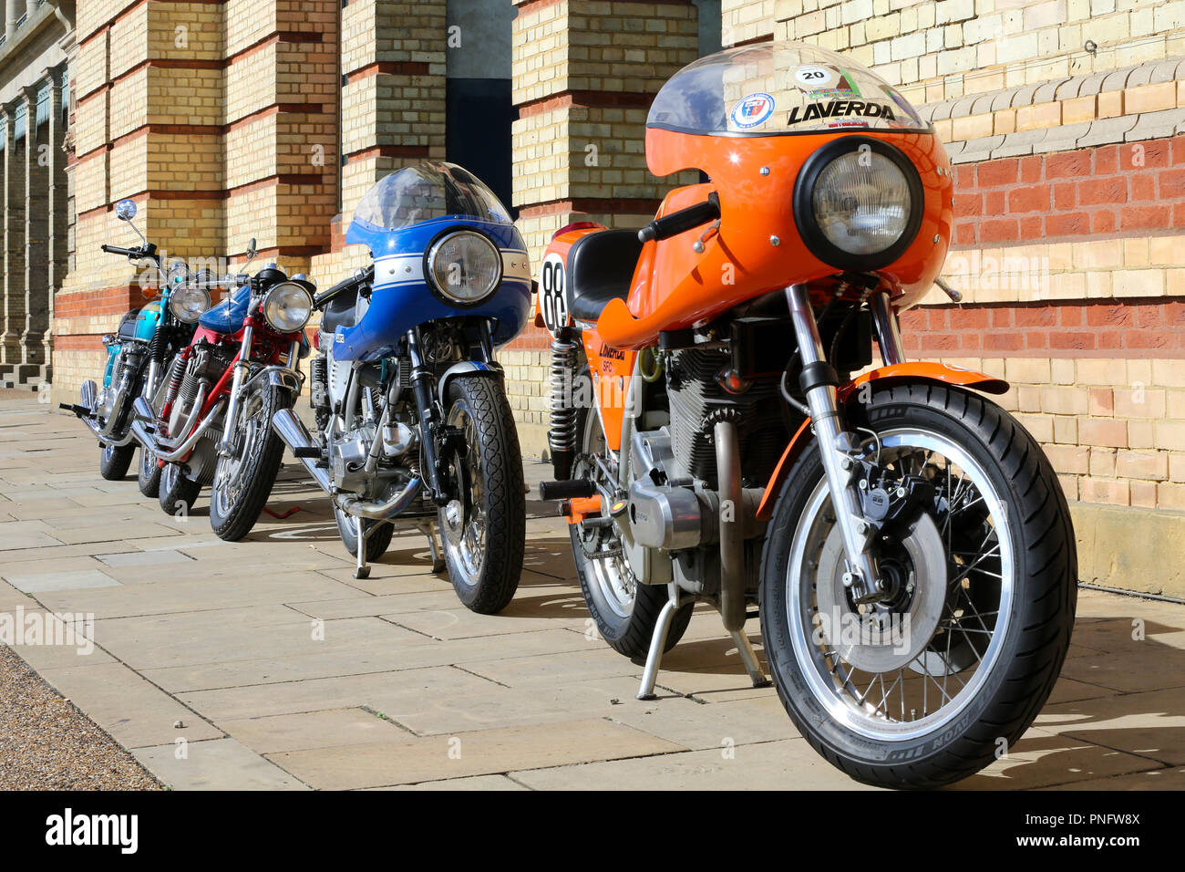 Alexandra Palace. North London. UK 21 Sept 2018 - 1975 Laverda 750FC Elettronica (est £24,000 to £28,000) and 1976 Ducati 864CC 900 SS (est £25,000 to £35,000) on display at Alexandra Palace. Holy Grail motorcycles from a single collection on display at the Bonhams Alexandra Palace auction.   Credit: Dinendra Haria/Alamy Live News Stock Photo