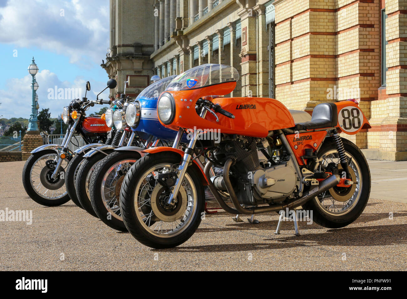 Alexandra Palace. North London. UK 21 Sept 2018 - 975 Laverda 750FC Elettronica (est £24,000 to £28,000) and 1976 Ducati 864CC 900 SS (est £25,000 to £35,000) on display at Alexandra Palace. Holy Grail motorcycles from a single collection on display at the Bonhams Alexandra Palace auction.   Credit: Dinendra Haria/Alamy Live News Stock Photo