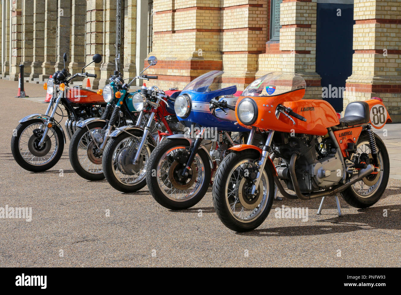 Alexandra Palace. North London. UK 21 Sept 2018 - 975 Laverda 750FC Elettronica (est £24,000 to £28,000) and 1976 Ducati 864CC 900 SS (est £25,000 to £35,000) on display at Alexandra Palace. Holy Grail motorcycles from a single collection on display at the Bonhams Alexandra Palace auction.   Credit: Dinendra Haria/Alamy Live News Stock Photo