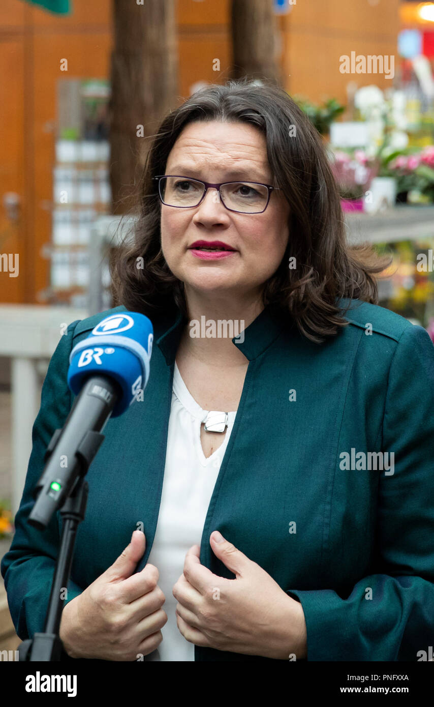 Wuerzburg, Bavaria. 21st Sep, 2018. Andrea Nahles, chairman of the SPD, commenting on the case of the former president of the Federal Office for the Protection of the Constitution, Maassen. She admitted a misjudgment in the case of the previous President of the Office for the Protection of the Constitution. She herself, Chancellor Merkel and CSU leader Seehofer, 'we were all three wrong,' said Nahles. Credit: Daniel Karmann/dpa/Alamy Live News Stock Photo
