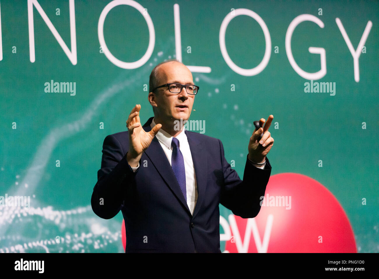 Physicist Kai Bongs,  talking about how Quantum Sensors can improve our lives, on the Technology Stage, at New Scientist Live 2018 Stock Photo