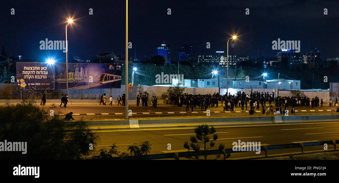 Bnei Brak, Israel, 21st Sep 2018. Orthodox Jews protest against works on Shabbat at the subway construction site on Bnei Brak Petach Tikva border and highway #4 is closed for traffic. Credit: Serge Conrad/Alamy Live News Stock Photo