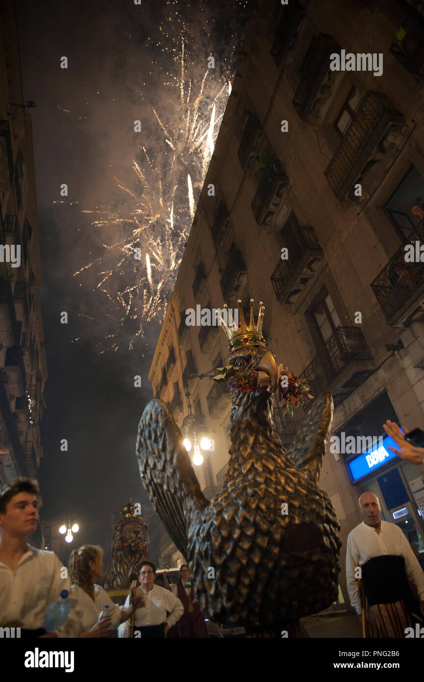 Barcelona, Spain. 21st September 2018. Thousands of people take to the streets to enjoy the MercÃ¨ festivities in Barcelona. The major party of the MercÃ¨ is the biggest festival in Barcelona, Spain, since the year 1902 the town hall of the city made for the first time a program of extraordinary events to celebrate the feast of the 'Virgen de la Merced', which takes place on 24 September.Â© Charlie Perez/Alamy Live News Stock Photo