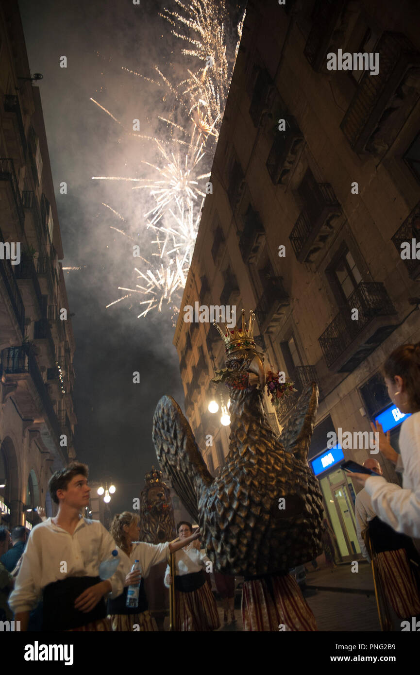 Barcelona, Spain. 21st September 2018. Thousands of people take to the streets to enjoy the MercÃ¨ festivities in Barcelona. The major party of the MercÃ¨ is the biggest festival in Barcelona, Spain, since the year 1902 the town hall of the city made for the first time a program of extraordinary events to celebrate the feast of the "Virgen de la Merced", which takes place on 24 September.Â© Charlie Perez/Alamy Live News Stock Photo