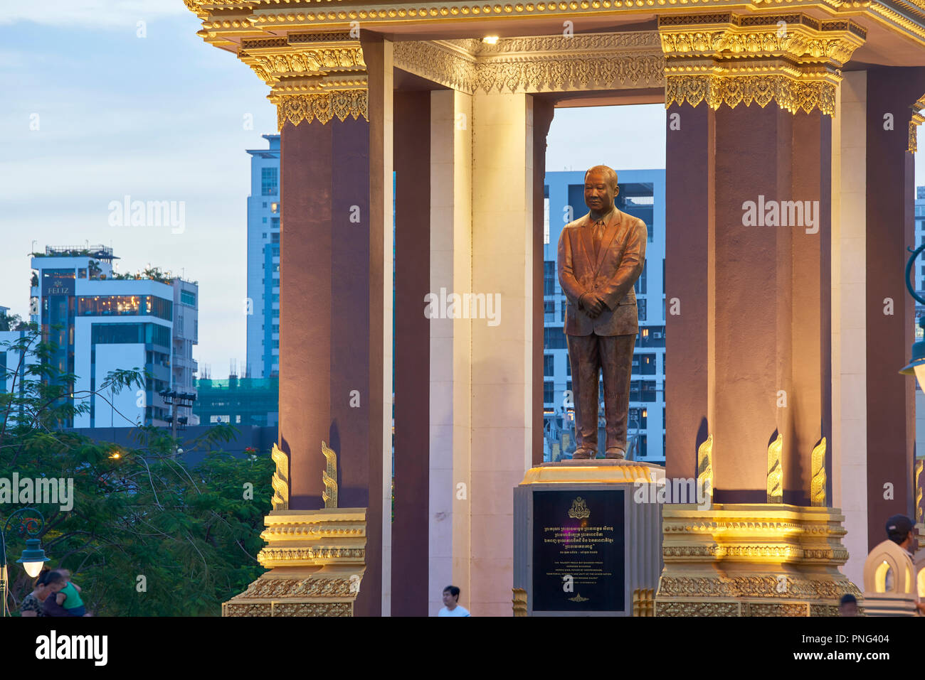 Statue of King Norodom Sihanouk in park in Preach Suramit Boulevard in Phnom Penh, Cambodia. Stock Photo