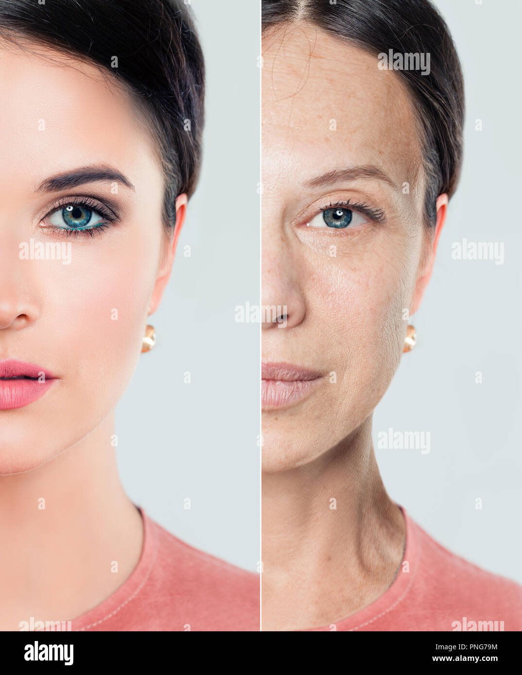 Perfect female face with problem and clean skin, beauty treatment and lifting. Before and after, youth and old age. Aging and youth woman. Process of  Stock Photo